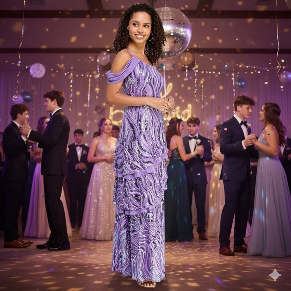 NWOT Size 9 Morgan & Company Lavender Sequin Embellished Tiered Gown